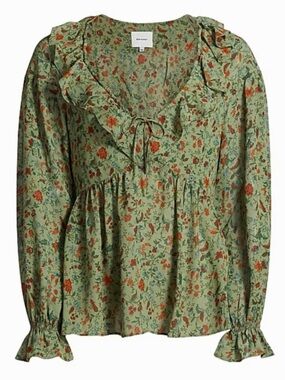 NEW REFORMATION Wyn Top PONDEROSA Green Floral Ruffle TieNeck Blouse Puff Sleeve
